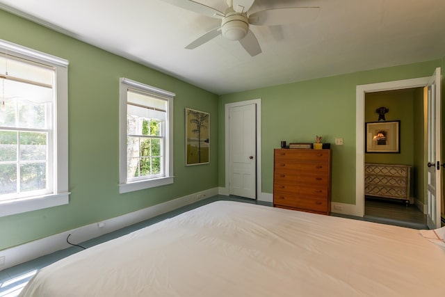 bedroom featuring a closet, multiple windows, a ceiling fan, and baseboards