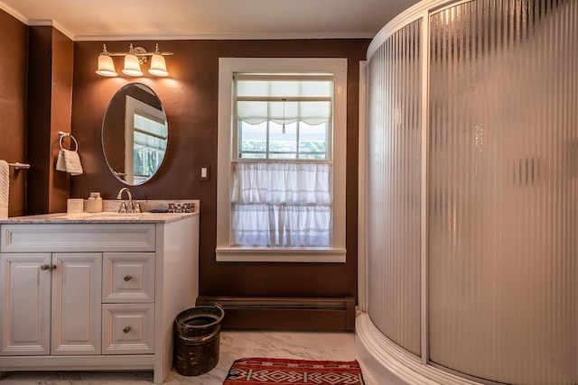 bathroom with a shower with shower door, baseboard heating, and vanity
