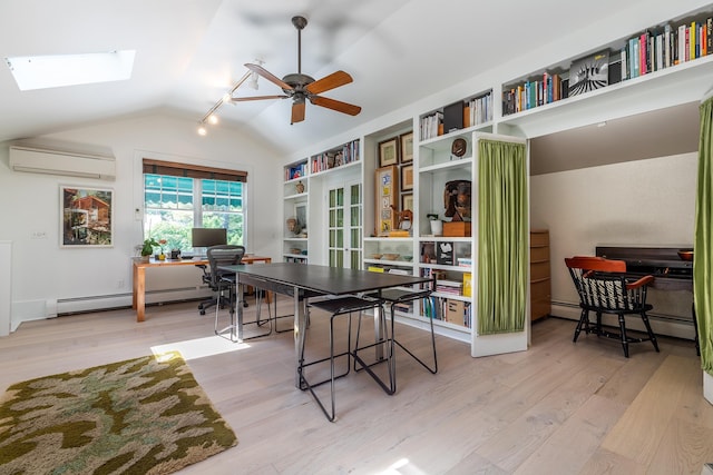 home office featuring ceiling fan, wood finished floors, baseboard heating, and a wall mounted AC