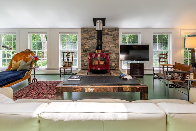 living room with a baseboard radiator, wood finished floors, and a wood stove
