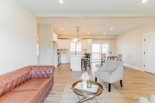 living room featuring sink and light hardwood / wood-style flooring