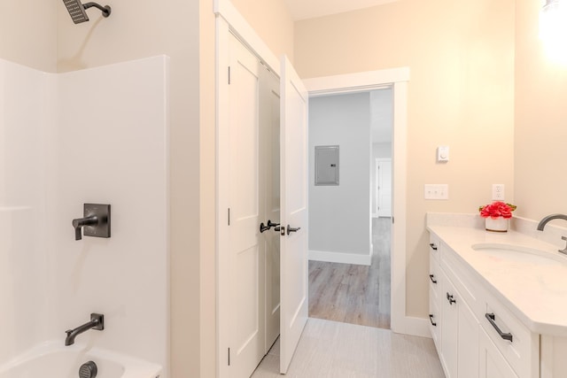 bathroom with shower / tub combination, vanity, and electric panel