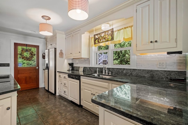 kitchen featuring decorative backsplash, paneled appliances, crown molding, pendant lighting, and a sink