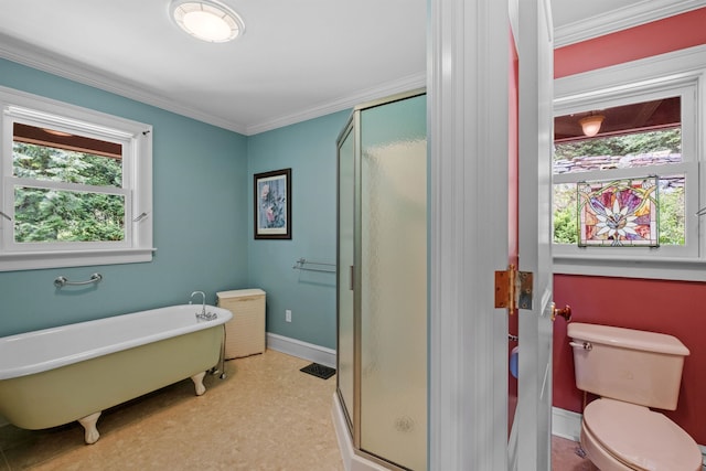 bathroom featuring shower with separate bathtub, toilet, and crown molding