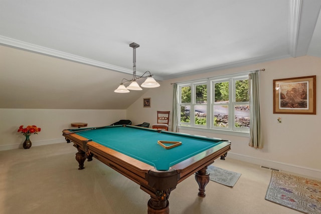 rec room featuring carpet floors, crown molding, pool table, vaulted ceiling, and baseboards