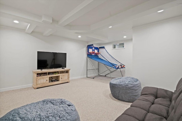 carpeted living room with baseboards and recessed lighting