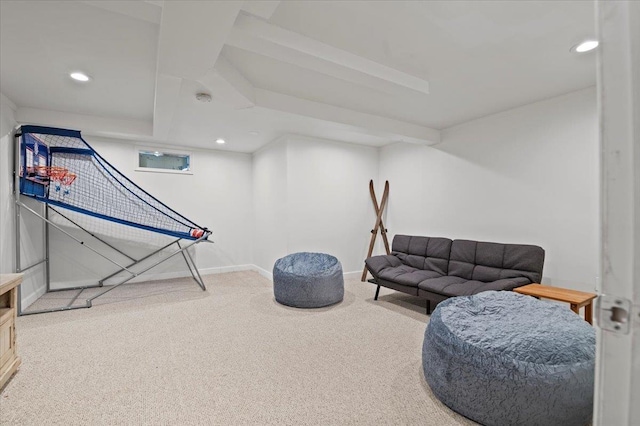 recreation room featuring baseboards, carpet floors, and recessed lighting