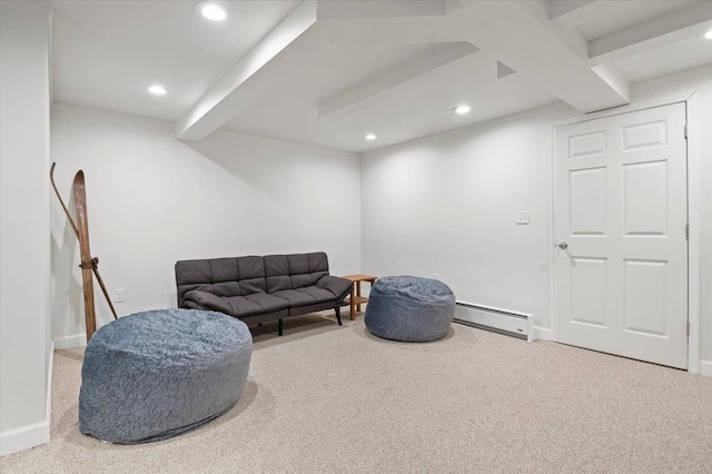 living area featuring carpet, baseboard heating, beam ceiling, and recessed lighting