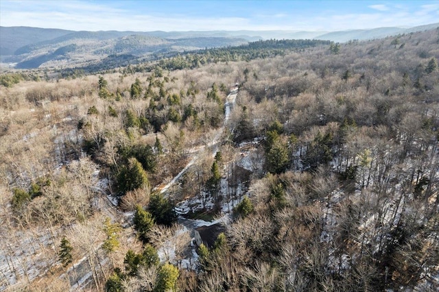 bird's eye view featuring a mountain view and a view of trees