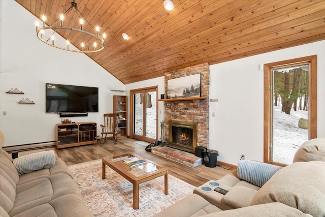 living room featuring wooden ceiling, a baseboard radiator, high vaulted ceiling, and wood finished floors