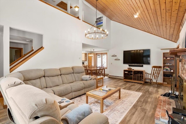 living room featuring a baseboard radiator, wood ceiling, wood finished floors, high vaulted ceiling, and a notable chandelier