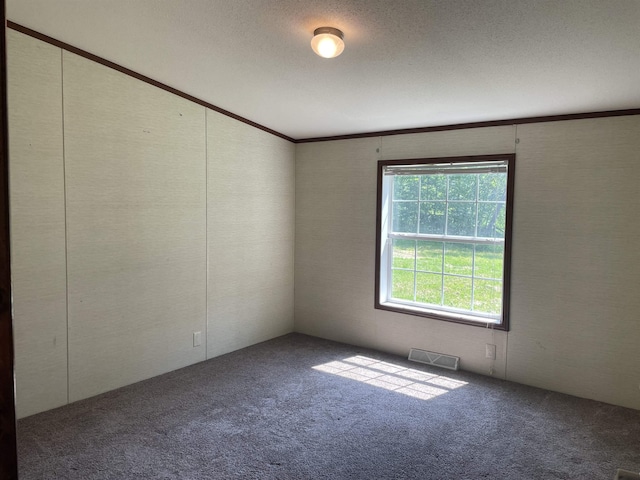 empty room with carpet flooring, a textured ceiling, and ornamental molding