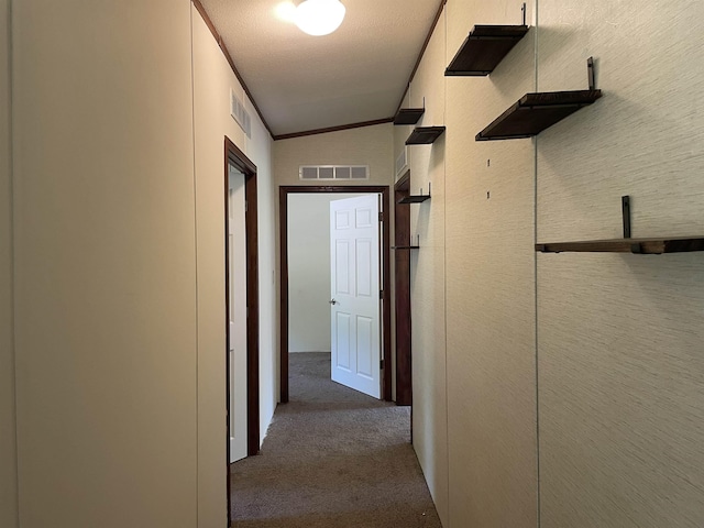 hall with carpet flooring, a textured ceiling, and vaulted ceiling