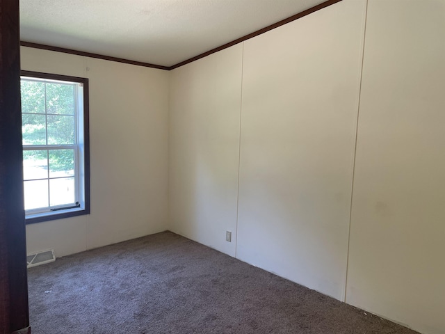 carpeted empty room featuring a textured ceiling and crown molding