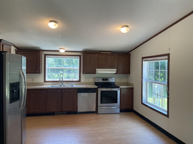 kitchen featuring appliances with stainless steel finishes, light wood-type flooring, a healthy amount of sunlight, and sink