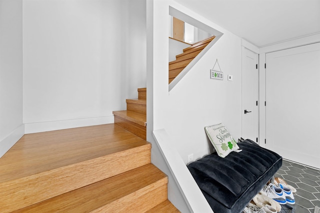 stairway with wood-type flooring