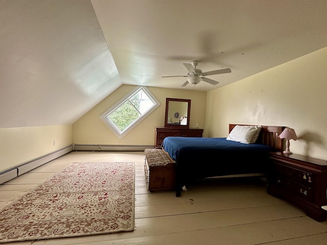 bedroom featuring light wood-type flooring, lofted ceiling, ceiling fan, and baseboard heating