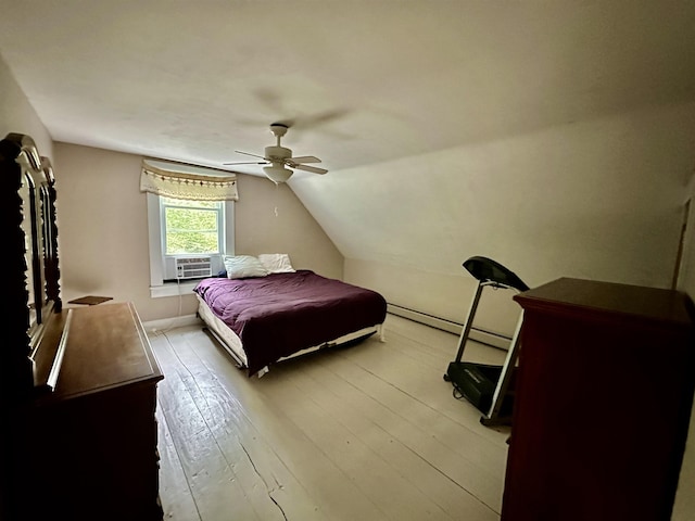 bedroom with lofted ceiling, cooling unit, light hardwood / wood-style floors, baseboard heating, and ceiling fan