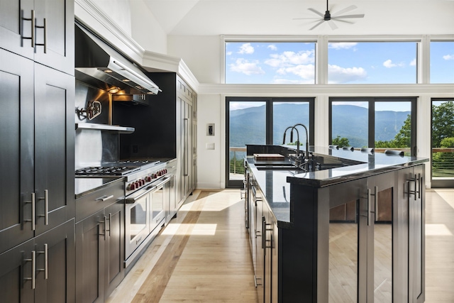 kitchen featuring sink, ventilation hood, light hardwood / wood-style floors, double oven range, and a kitchen island with sink