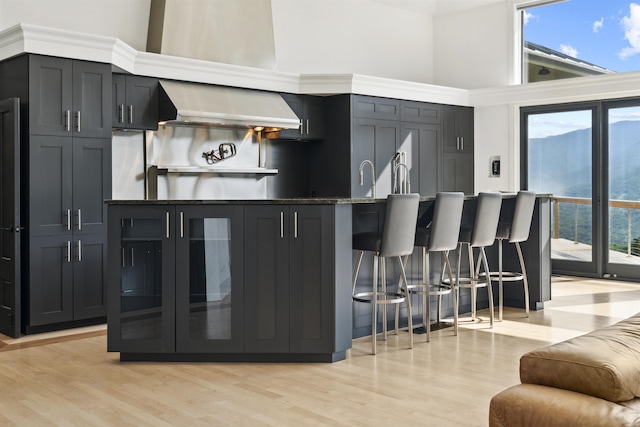 interior space with wall chimney range hood, sink, dark stone countertops, a towering ceiling, and light hardwood / wood-style floors