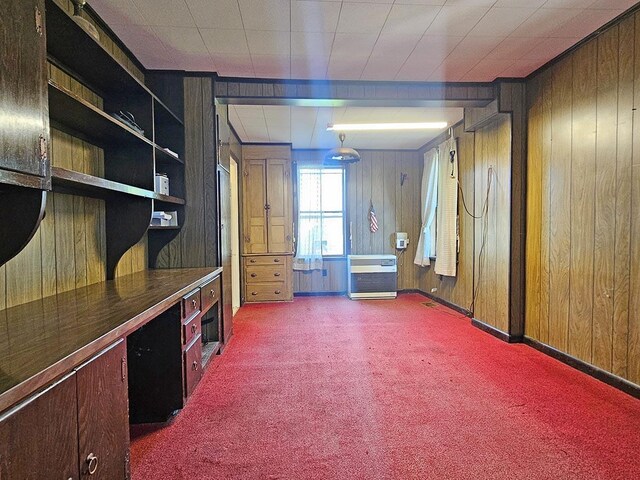 interior space with carpet floors and wooden walls