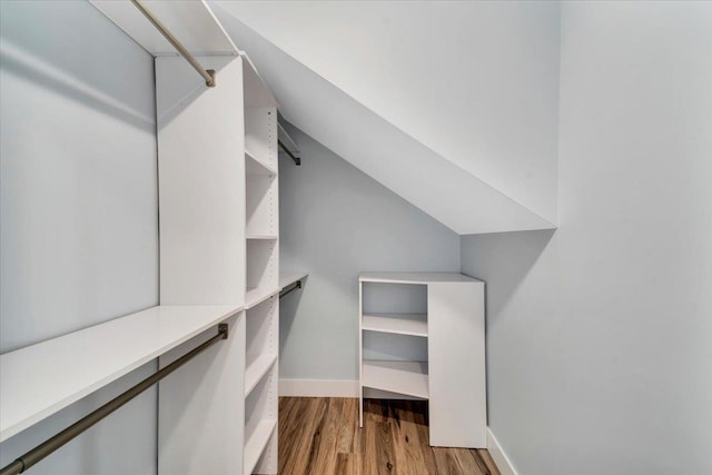 walk in closet with wood finished floors