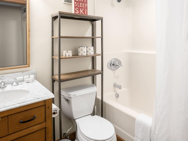 full bathroom with toilet, shower / bath combination with curtain, and vanity