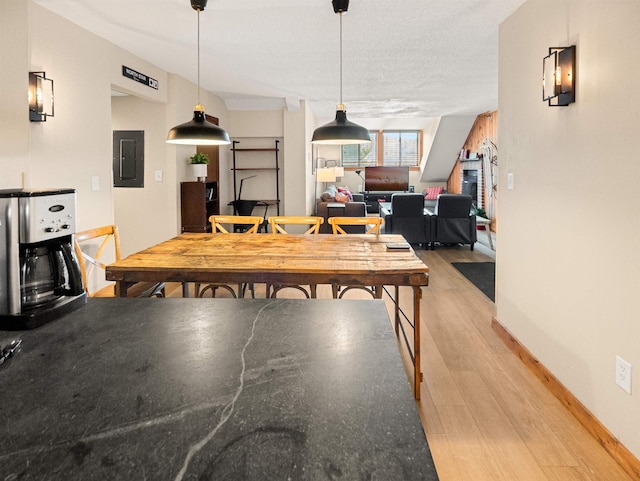 dining room with light hardwood / wood-style flooring and electric panel