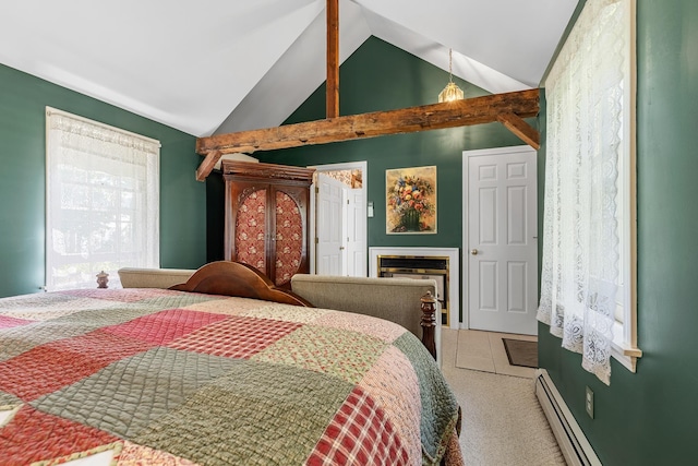 bedroom featuring high vaulted ceiling, carpet, and a baseboard heating unit