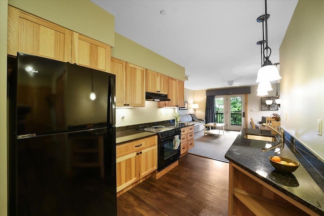 kitchen featuring hanging light fixtures, french doors, sink, dark hardwood / wood-style floors, and black appliances