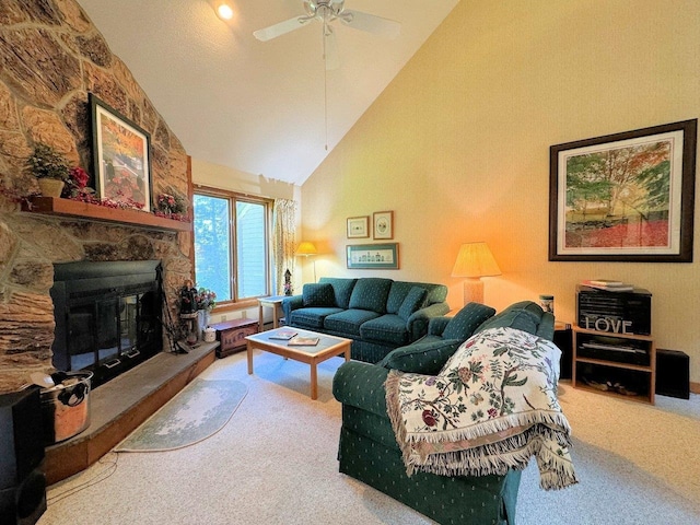 34 Sugar Brook Rd Unit F4, Peru, VT 05152 - carpeted living room featuring high vaulted ceiling and a ceiling fan