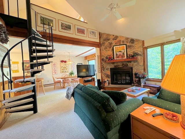 34 Sugar Brook Rd Unit F4, Peru, VT 05152 - living room featuring ceiling fan, stairs, carpet, a fireplace, and high vaulted ceiling