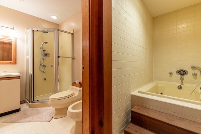 full bathroom featuring tile patterned floors, a bidet, lofted ceiling, toilet, and shower with separate bathtub