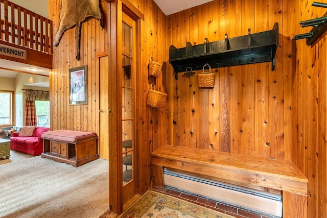 mudroom featuring wooden walls and carpet