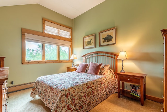 bedroom with light carpet, vaulted ceiling, and baseboard heating