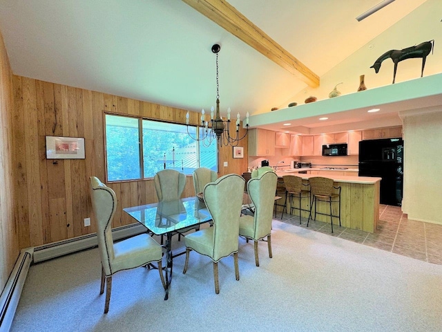 dining space with wooden walls, vaulted ceiling with beams, a baseboard heating unit, a notable chandelier, and light carpet