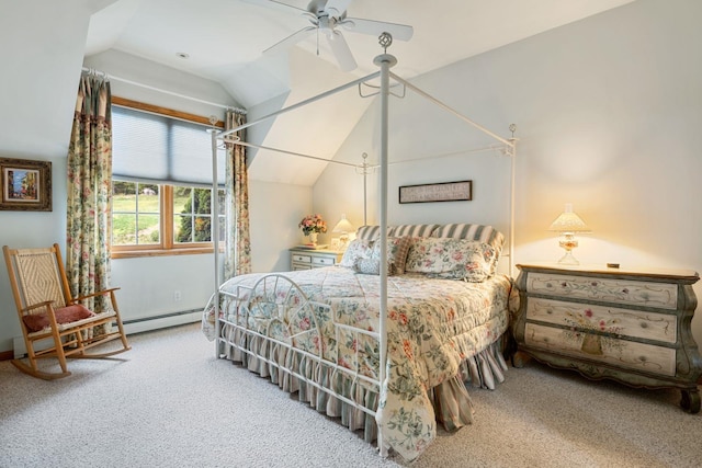 bedroom with ceiling fan, carpet floors, lofted ceiling, and a baseboard heating unit