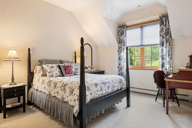 carpeted bedroom with lofted ceiling