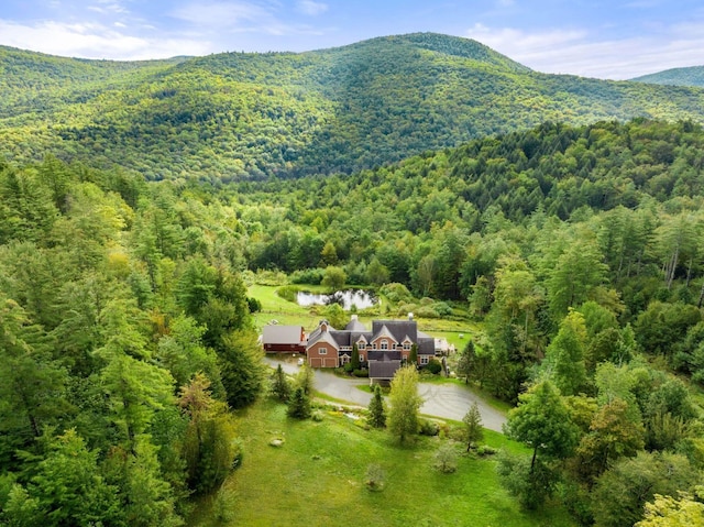 drone / aerial view featuring a water and mountain view