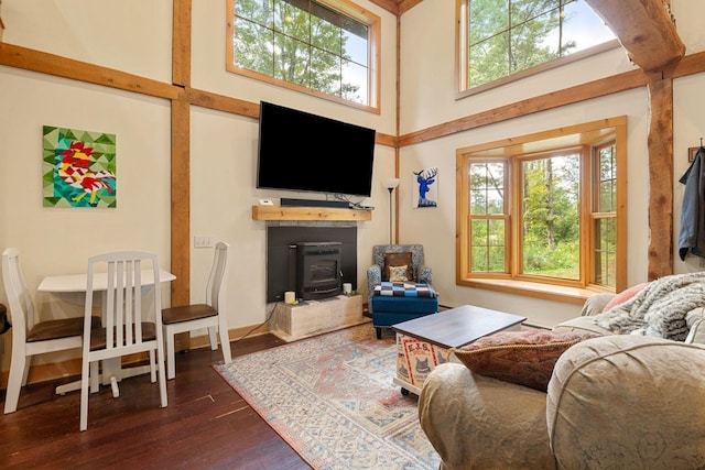 living room with a high ceiling, a wood stove, and dark wood-type flooring