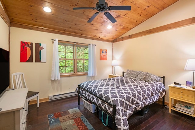 bedroom with lofted ceiling, ceiling fan, dark hardwood / wood-style floors, and a baseboard heating unit