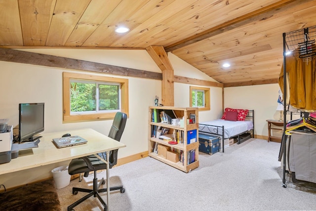 bedroom with light carpet, vaulted ceiling with beams, and wood ceiling