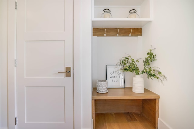 mudroom with wood-type flooring