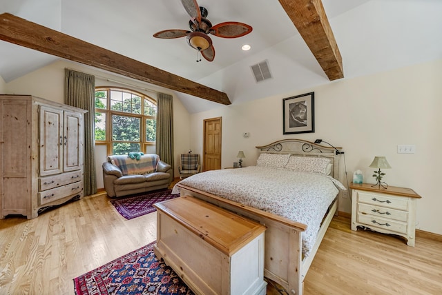 bedroom featuring lofted ceiling with beams, recessed lighting, visible vents, baseboards, and light wood-type flooring