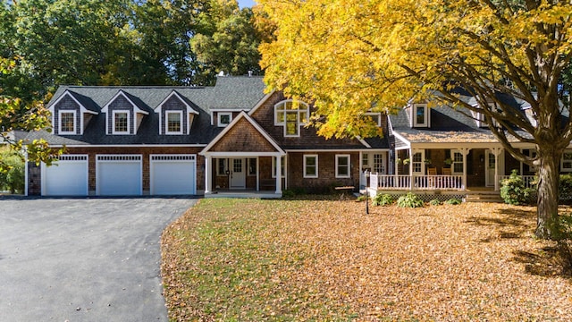 view of front facade featuring a porch, roof with shingles, and aphalt driveway