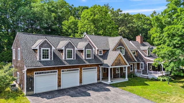 shingle-style home featuring a shingled roof, a chimney, aphalt driveway, covered porch, and a front yard