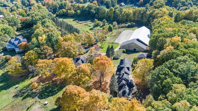 birds eye view of property with a forest view