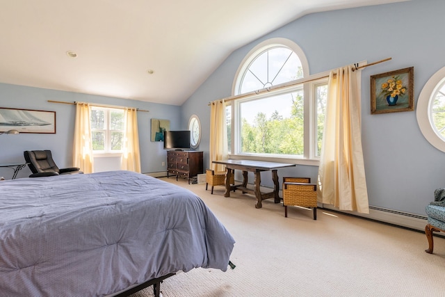 carpeted bedroom featuring multiple windows and lofted ceiling