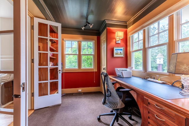 carpeted office featuring wood ceiling, track lighting, crown molding, and french doors