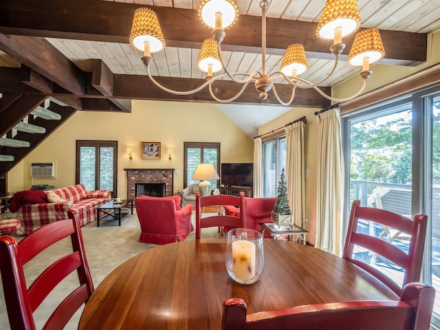 dining space with an inviting chandelier, wooden ceiling, a wall mounted air conditioner, and a brick fireplace